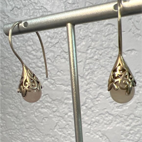 Vtg Sterling Silver Rose Quartz Drop Earrings 925 Filigree Teardrop Dangles Boho - Picture 7 of 11
